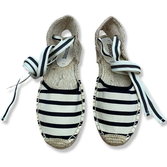 Soludos black and ivory striped espadrilles with ankle wraps size:6 - Picture 6 of 7